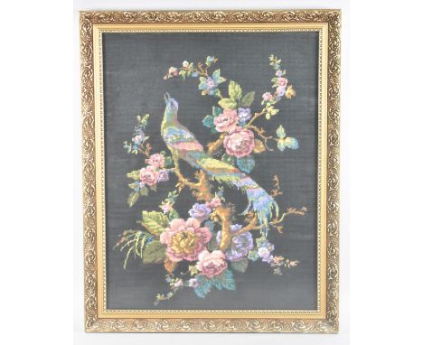 A Gilt Framed Tapestry of Exotic Bird in Rose Bush, 50x65cms