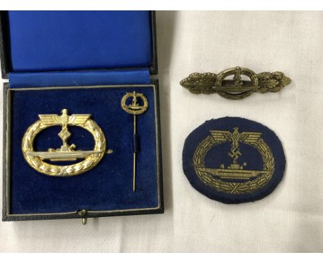 CASED GERMAN WWII UBOAT SEW ON BADGE, STICK PIN AND GILT METAL BAR BROOCH