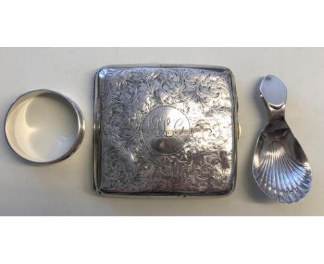 SILVER ENGRAVED CIGARETTE CASE, NAPKIN RING, CADDY SPOON