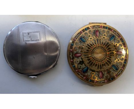 SILVER POWDER COMPACT ENGINE TURNED DIAL AND KIGU ENAMEL COMPACT