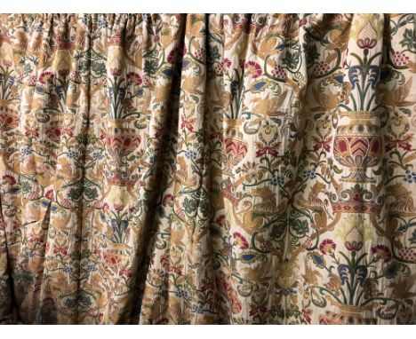 TWO QUALITY PAIRS OF LINED, HEAVILY EMBROIDERED CURTAINS WITH TIE BACKS (AND PELMET TO SMALLER  PAIR) 9FT DROP X 8FT WIDTH AN