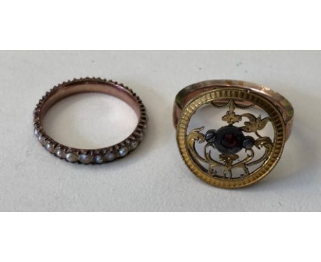 9CT GOLD SHANK RING AND UNMARKED ROSE METAL AND PEARL ETERNITY BAND 5.2G OVERALL APPROX