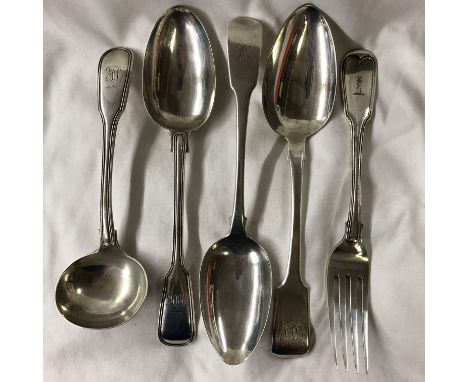 TWO GEORGIAN SILVER TABLE SPOONS, A VICTORIAN TABLE SPOON AND FORK AND A SOUP LADLE 13.1 OZ APPROX