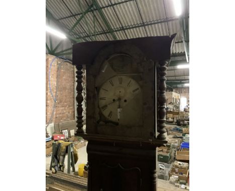 19th century mahogany Yorkshire longcase clock, painted dial, and a Tunbridgeware drop dial wall clock (2)Dimensions: Height: