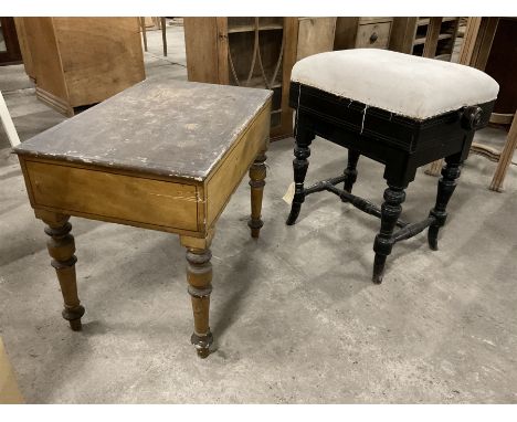 Victorian ebonised adjustable piano stool, stuffed seat over ring turned supports United by H-stretcher (W51cm D35cm H55cm); 