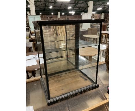 J S Fry & Sons - Victorian glazed and ebonised chocolate countertop display cabinet, fitted with single mirror back door to t