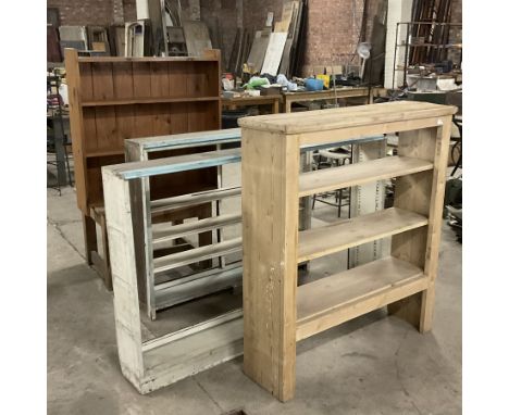 19th century pine shelf (W110cm, H123cm, D31cm); two 20th century open bookcases; polished pine four tier book case; and a pi