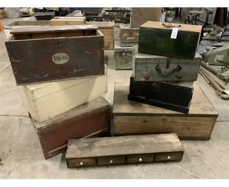 19th century metal bound pine box, five wooden boxes, tin box and vintage drawers