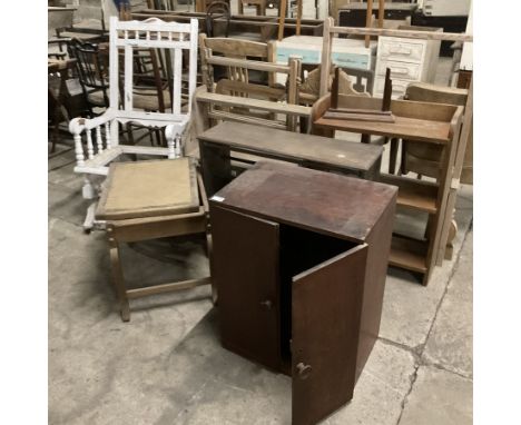 American style rocking armchair (W55cm); two clothes horses; piano stool with hinged lid; frameless wall mirror; pine shelf; 