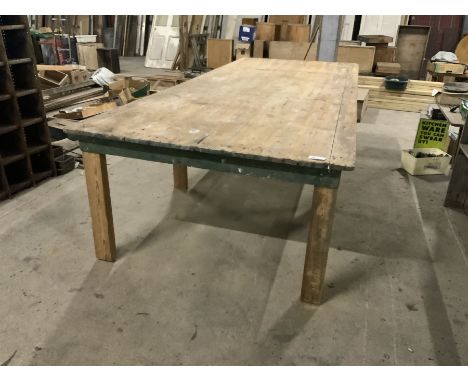 Large 19th century industrial pine table, plank top on reclaimed legs, provenance - The Old Button Factory, YorkDimensions: H