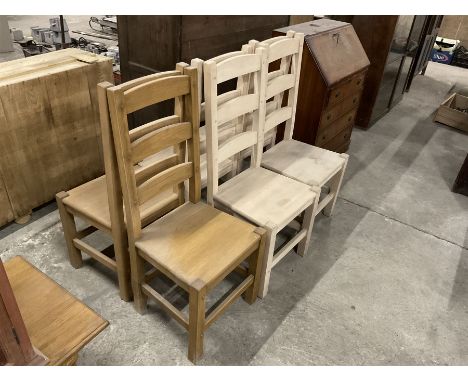 Set of six (4+2) light beech dining chairs, high ladder back over solid seat and square supports Dimensions: Height:&nbsp;108