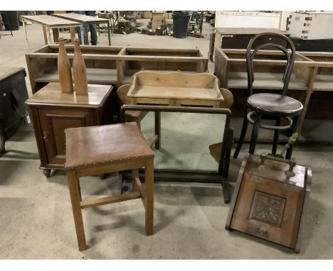 Continental walnut bedside/lamp cabinet, dressing mirror, pine wall cupboard, bentwood chair, fall front coal box, Yorkshire 