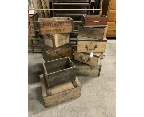 Ten vintage wooden boxes, some advertising, two lockable with keys