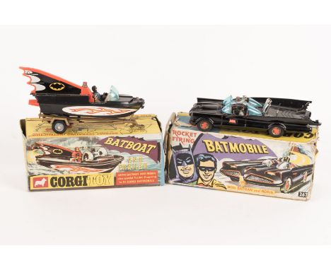 2 Batman Corgi Toys. A Batmobile (267) in gloss black. An early version with pulsating exhaust flame and without fixed tow ho