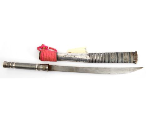 A sheet silver mounted Burmese dha, slightly curved, swollen SE blade 12½”, hilt and scabbard of traditional form, sheet silv