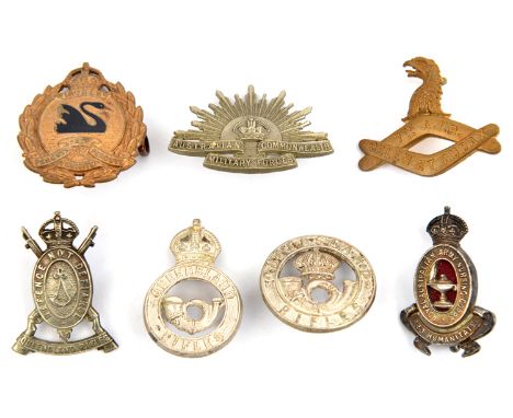 7 Australian collar badges: Queensland Rifles, WM Guelphic crown/bugle in title circle, bugle in crowned title circle, and si