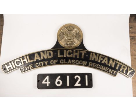 A well made full size reproduction Royal Scot class locomotive name plate and smokebox number plate. 'Highland Light Infantry