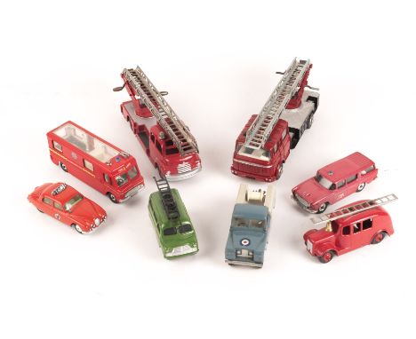 8 Fire Appliances by Dinky, Corgi and Spot On. Dinky Toys; A Turntable Fire Escape (956), plus another example with Berliet c