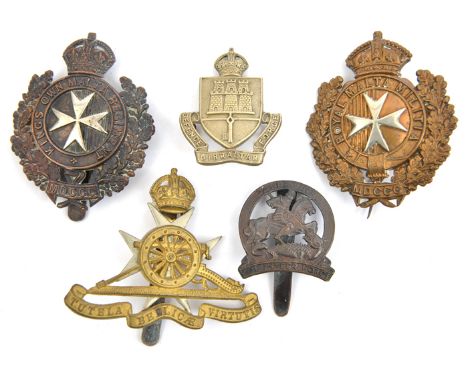 5 Mediterranean cap badges, R Malta Militia with flat topped crown (lugs missing), K.O. Malta Regt, Malta Artillery; Gibralta