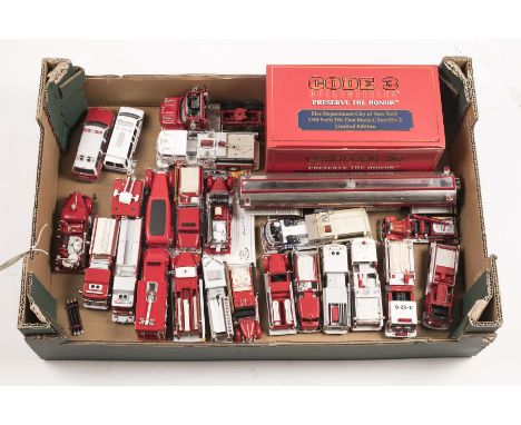A quantity of American Fire & Rescue Vehicles. 2x loose Code 3 1:24 Models Seagrave Pumpers, both 'F.D.N.Y.'Plus another Code