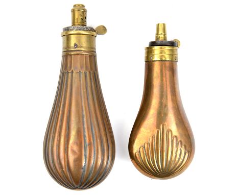 A bag shaped embossed copper powder flask “Fluted” (similar to R250 but with patent top), 6” overall, by Hawksley (spring AF,