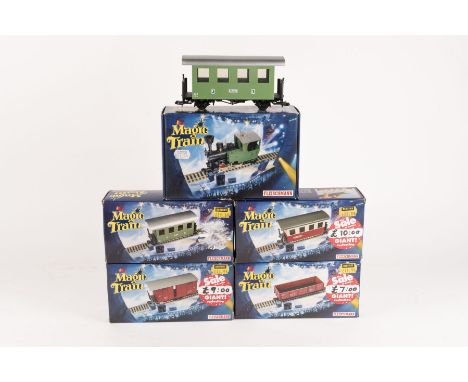 6x Fleischmann Magic Train narrow gauge railway items. An 0-4-0T locomotive in lined green and black livery (2200). A 3rd Cla