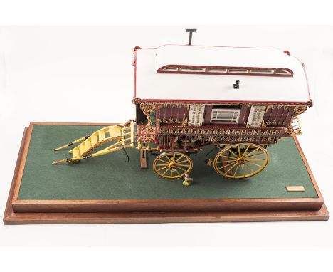 An impressive and finely detailed model of a gypsy caravan by Bruce Coombes. A wooden model of a traditional Romani caravan w