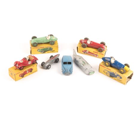 7 Dinky Toys. An MG Midget Sports (108), Alfa Romeo Racing Car (232), Ferrari Racing Car (234) and HWM Racing Car (235). All 