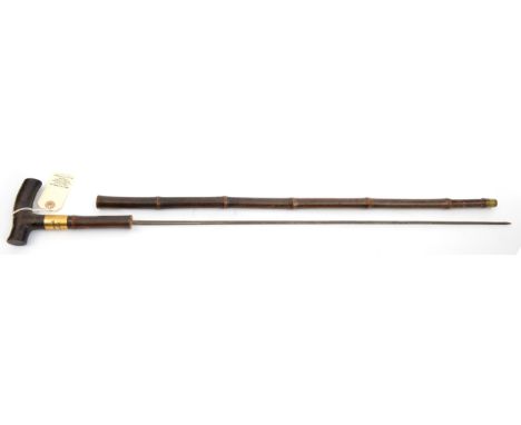 An old swordstick, the 25” blade of hollow triangular section (repointed), with malacca haft, the top with gilt band engraved