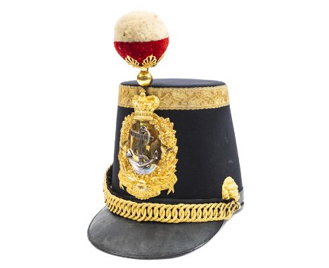 An officer’s tall blue cloth shako of The Royal Dockyard Battn, black PL peak, gilt lace top band, fine gilt and silver plate
