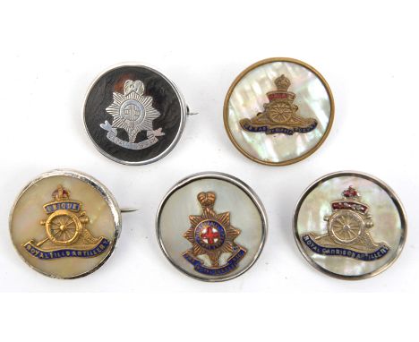 3 R Artillery MOP roundel sweetheart brooches, 2 marked “Sterling silver rim”; 2 similar R Sussex, one HM London 1915 the oth