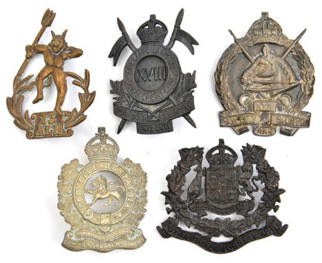 5 Australian Light Horse hat badges: 13th, 18th Adelaide Lancers, 20th VMR, 22nd Tasmanian M Inf, and 23rd (lugs AF). GC Part