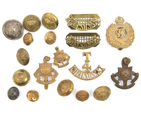 3 cap badges:  Geo V RE, all brass R Sussex and Eastbourne Coll OTC (lugs added); a T/4/Royal Sussex title and pair Royal Sus