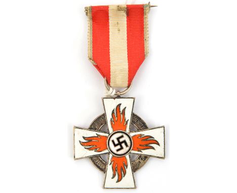 A Third Reich silvered and enamel Fire Service 2nd Class decoration, with ribbon and pin. GC (slightly tarnished)            