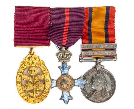 Miniature group of three: CB, marked 18ct, CBE first type military, QSA 2 clasps CC, SA02. GVF. An old label states “Col B C 
