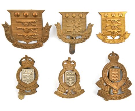 6 Ordnance/R Ordnance Corps cap badges: large shield puggaree, small shield officer’s gilt (blades missing) and OR’s, RAOC la