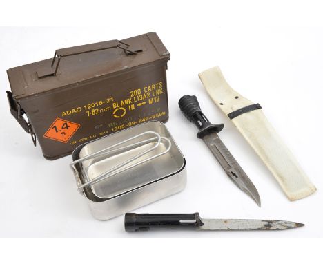 A tin “Cartridges for weapons blank”, with details, d 1970; 2 modern socket bayonets, one in scabbard; 2 alloy mess tins, mar