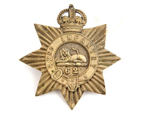 A WWI OR’s WM hat badge of the 62nd Inf (Carlton Rifles).  Near VGC. Plate 5  Part III of the Collection of the late Eric Ill