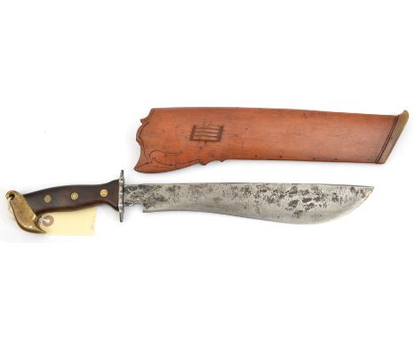 A machete, swollen SE blade 12½”, iron crossguard facetted on lower edge, darkwood grips with 3 inset studs, brass stylized b