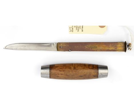 A Swedish barrel knife,  blade 4”, which folds into brass section which in turn fits into wooden grip with steel end caps, th