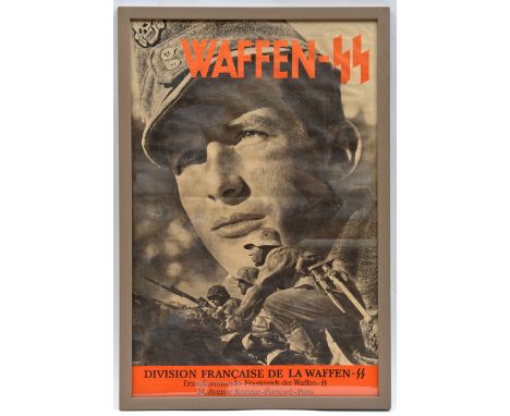 A recruiting poster for the French Waffen SS, showing a close up of an SS man superimposed on soldier in action, the lower ed