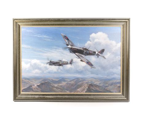 An oil on canvas of 2 RAF Spitfire Mix by Ronald Wong. Depicting aircraft of 73 Squadron flying over Yugoslavian mountainous 