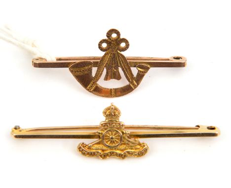 2 tie pin brooches: R Artillery and strung bugle for rifle regt, both marked “9CT”. GC Plate 3       