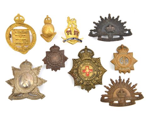 9 Australian corps etc hat badges, including Australian Engineers, crowned star, Medical Corps red painted (worn) cross to ce