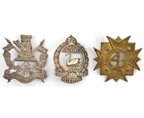 3 headdress badges: R New S. Wales Lancers, 10th W Australia M. Rifles, and 4th infantry, “4” in circle “Fidelis et Paratus” 