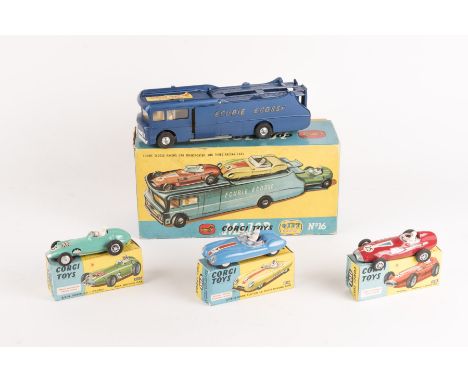 A Corgi Toys Gift Set 16, Ecurie Ecosse. Comprising Transporter with orange lettering, a Vanwall F1 GP car (150S) in red RN25