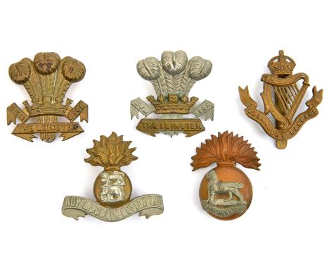 5 Irish cap badges: Leinster square scrolls, and do. all brass, Connaught, R Munster Fus and R Dublin, the first and the last