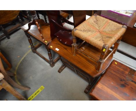 An Old Charm oak side table with integral magazine rack; together with an oak joint stool and an oak drop leaf table