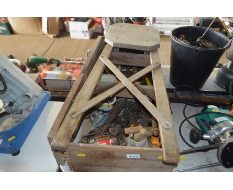 A wooden drawer and contents of various hand tools; fittings; a small stool etc