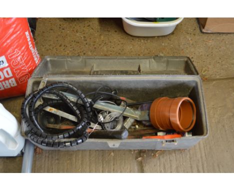A plastic tool box and contents